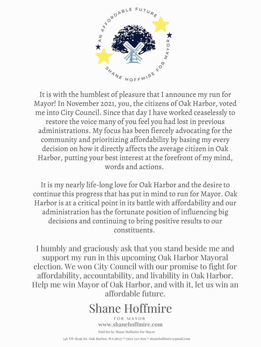 Announcement of candidacy for Oak Harbor mayor by City Councilman Shane Hoffmire